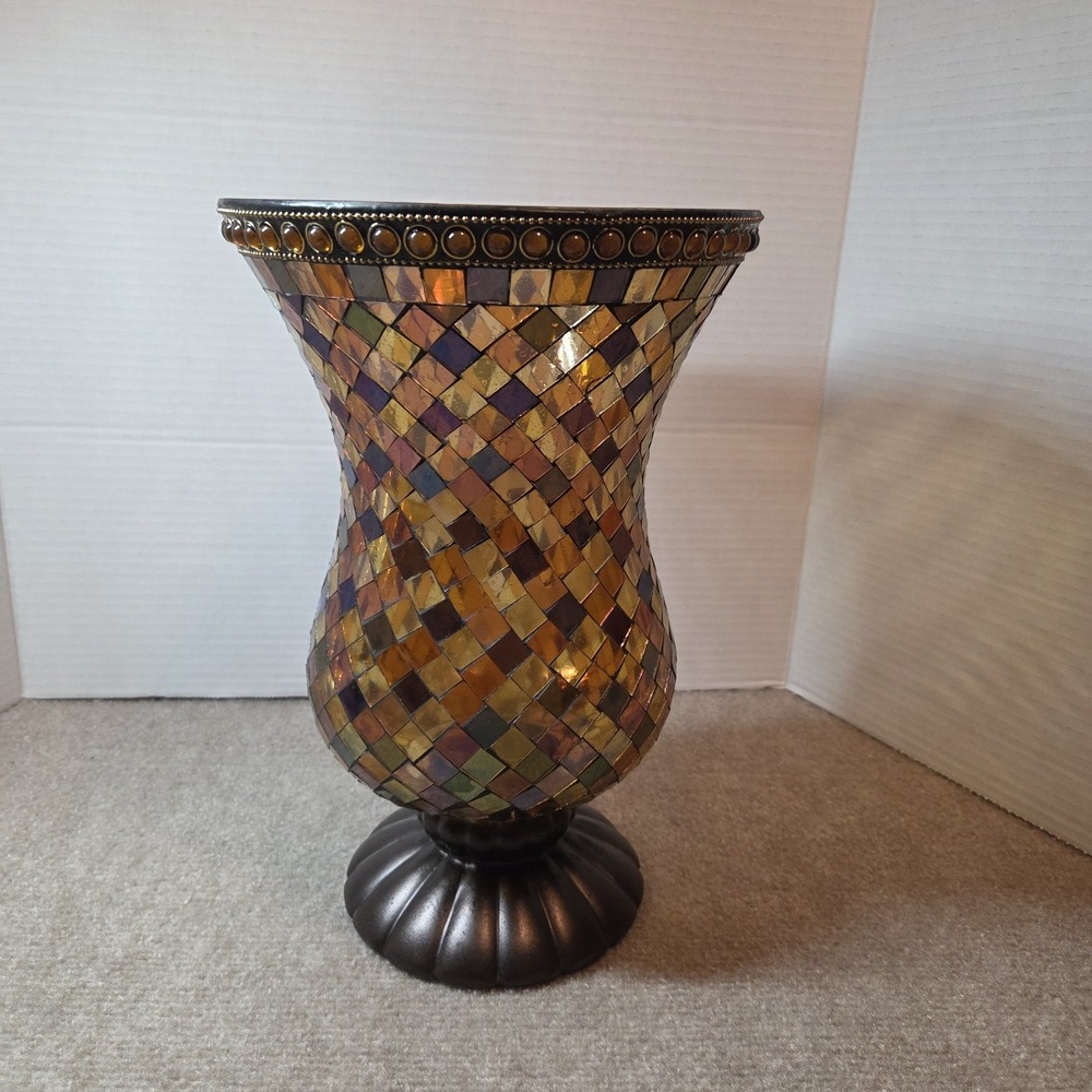 PartyLite GLOBAL FUSION Hurricane Mosaic Glass Rainbow Candle Holder 12" Tall